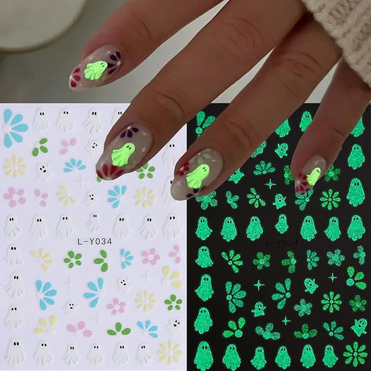Halloween Luminous Nail Art Stickers Glow in The Dark Nail Stickers 5PCS Skulls Ghosts Pumpkin Design Nail Decals Nail Art Supplies Spider Web Bat Flower Halloween Stickers for Women Nail Decorations