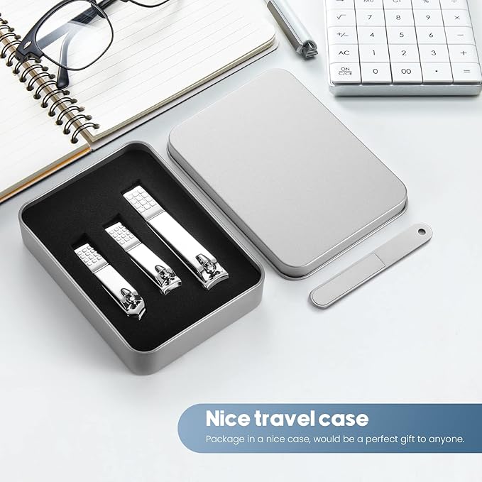 4PCS Professional Nail Clippers Set, Toenail Clippers & Fingernails & Nail File, Silver Nail Cutter, Sharpest Thick Toenail & Ingrown Nail Clipper Set, Best Travel or Home use for Men and Women