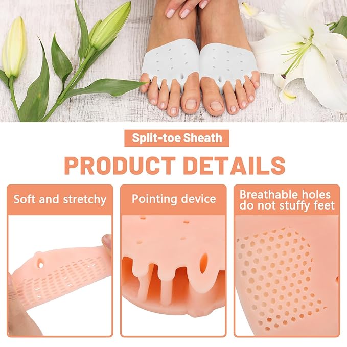 8 Pairs Silicone Toe Separators for Women Pedicure, Breathable Toe Spacers Cushions, Bunion Corrector for Women Metatarsal Overlapping Pads Relieve Foot Gel (White & Skin Color)