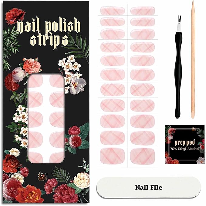 Nail Polish Strips - 22 Pcs Salon Quality Gel Nail Stickers - Long Lasting Wraps (Holding You Pink&Line)