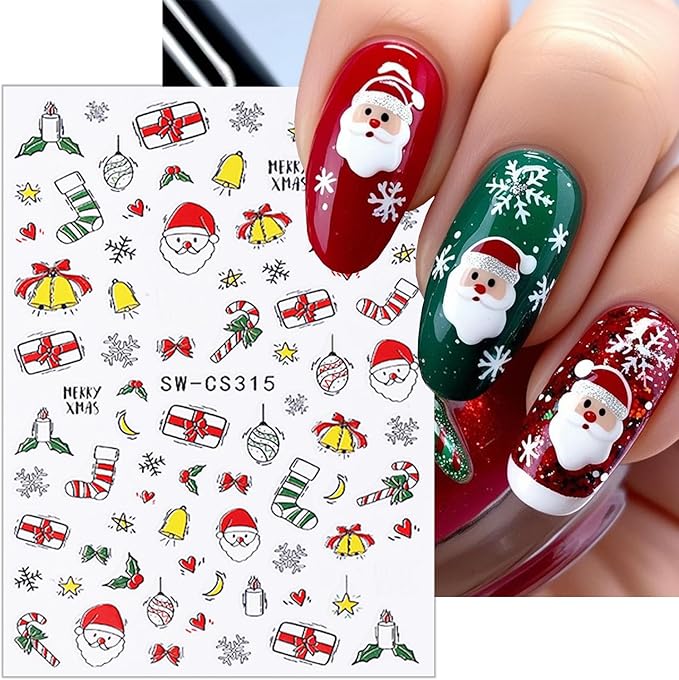 6 Sheets Christmas Nail Stickers for Nail Art Cute Xmas Candy Gingerbread Men Santa Claus Nail Decals 3D Self-Adhesive Bell Christmas Tree Nail Design Winter Snowflake Nail Art Stickers for Women