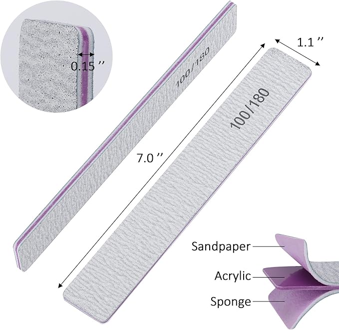 100/180 Grit Nail Files for Acrylic Nails, Rectangle Double Sides Emery Boards Fingernail Files Professional Nail Buffering Files, 12 Pack