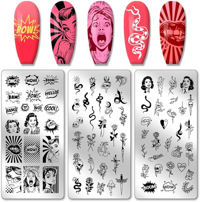 PH PandaHall 3pcs Comic Text Nail Stamping Plates, Retro Avatar Snake Rose Skull Nail Stamper Nail Art Stencils Print Nail Stencils Stainless Steel Nail Image Plate for Nail Art Design Manicure Salon