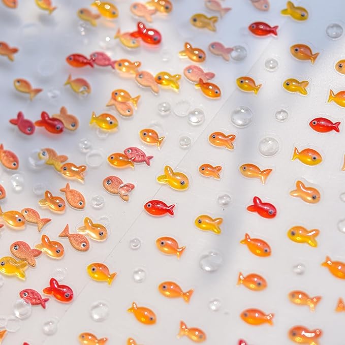 Little Goldfish Nail Art Stickers Small Koi Nail Art Decals for Acrylic Nails 5D Embossed Self-Adhesive Little Red Fish Nail Sticker Water Bubble Designs Nail Decal for Women DIY Summer Manicure Decor