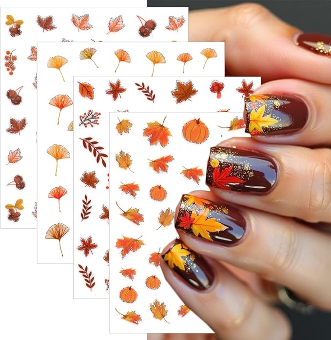 8 Sheets Fall Nail Stickers for Nail Art, 3D Self-Adhesive Bronzing Thanksgiving Nail Decals Pumpkin Maple Leaf Ginkgo Leaves Designs Nails Decorations Autumn Nail Art Supplies for Women