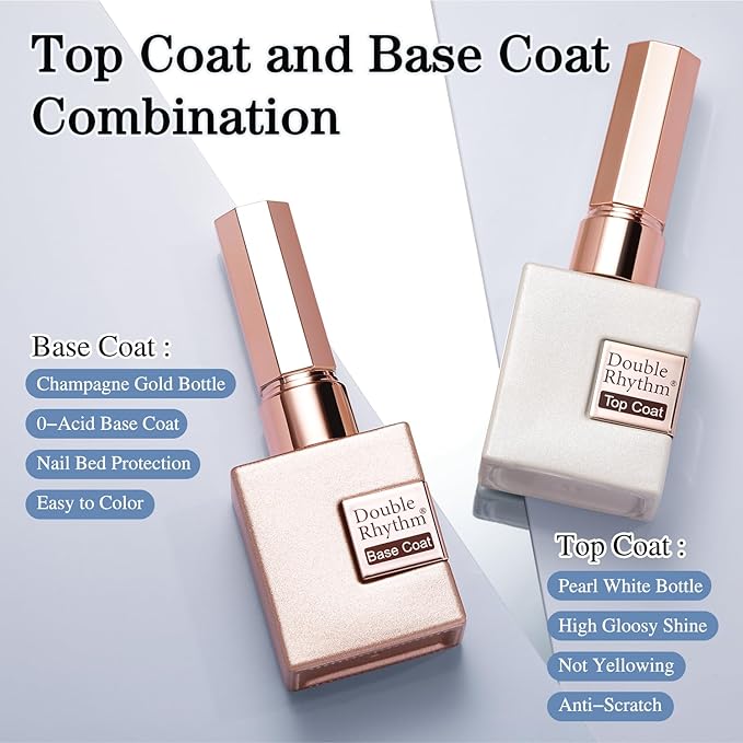 Double Rhythm 2 Pcs 15ML No Wipe Gel Top Coat and Base Coat Set Clear Glossy Gel Polish Kit Soak Off LED (Base and Top Coat)