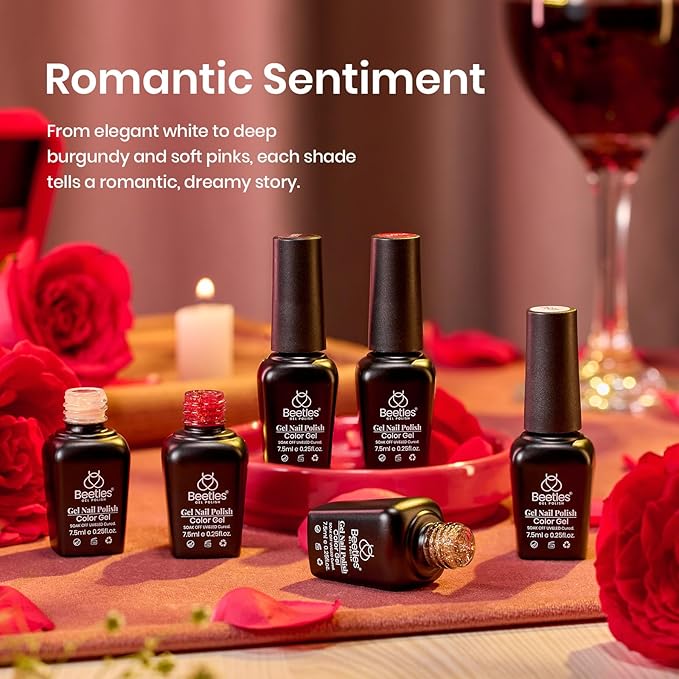 Beetles Gel Nail Polish Set 6 Colors White Red Gold Glitter Nude Brown Gel Polish Long Lasting Soak Off UV LED Nail Art Gifts for Women Romantic Sentiment