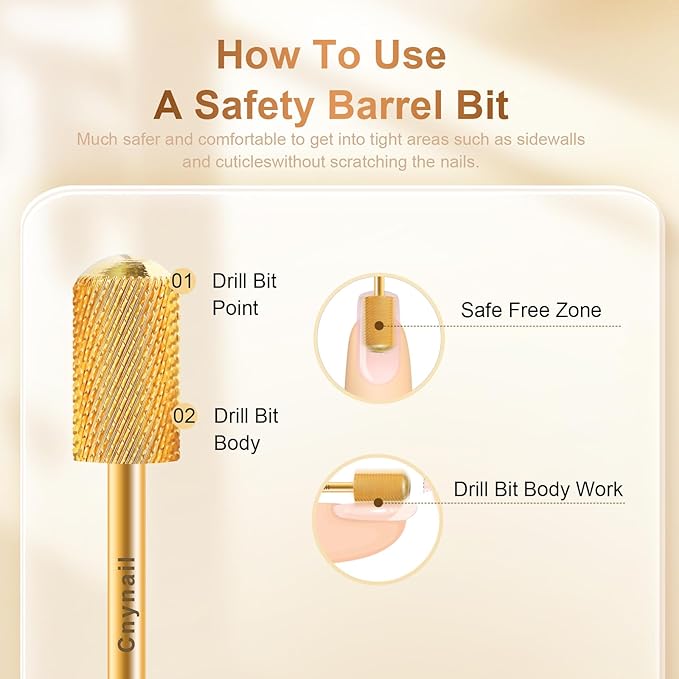 3/32" Large Barrel Smooth Round Top Tungsten Carbide Nail Drill Bit Safety Bit for Gel & Acrylic Removal, 2-Way Rotating Efile Tip, Salon Electric File Accessory (F Grit, Gold)