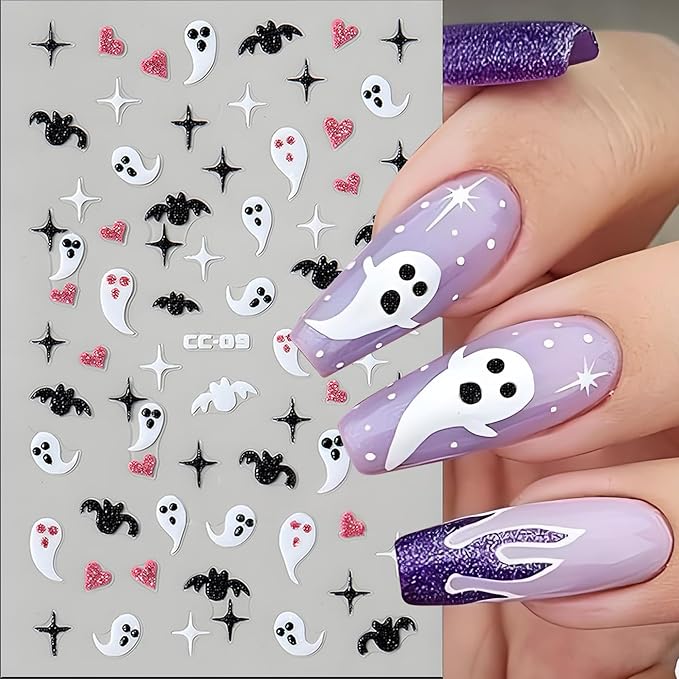 Halloween Nail Art Stickers, Cute Ghost Nail Art Decals 3D Self-Adhesive Spider Bat Pumpkin Cat Skull Spider Web Nail Design 6PCS Halloween Nail Art Supplies for Women Nail Decoration