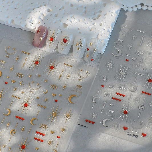 2 Sheets Star Nail Stickers Gold Silver Nail Stickers for Nail Art 5D Self-Adhesive Nail Decals Heart Moon Nails Supplies Decoration Accessories for Women and Girls