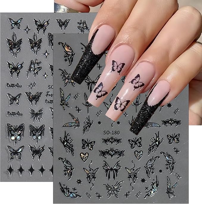 6 Sheets Butterfly Nail Art Stickers Decals 3D Self-Adhesive Holographic Aurora Black and White Butterfly Nail Design Stickers Women DIY Nail Art Decoration