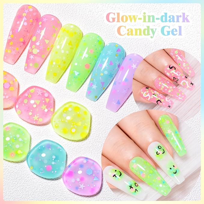 MEET ACROSS Candy Glow in the Dark Gel Nail Polish Set, 6 Colors Luminous Light Pink Yellow Purple Glow Effect Nail Polish with Sequins Soak off UV LED Cured for Home Salon DIY Manicure