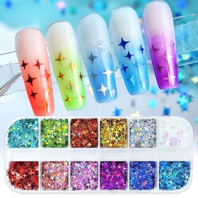 Star Glitter Nail Sequins, 3 Boxes Holographic Star Nail Art Flakes Red Blue Glitter Sticker Decals Independence Day Nail Sequins Manicure DIY 4th July Decorations 36 Styles