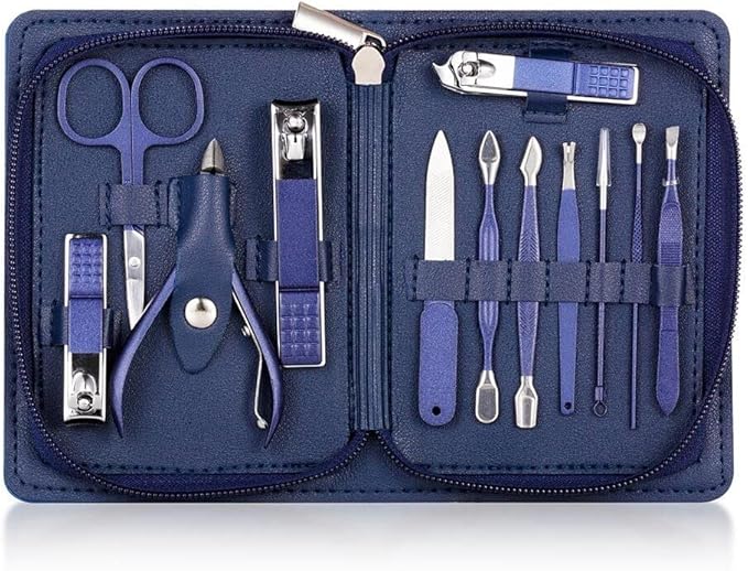 Multifunction Nail Clipper Set Pedicure Cutter Nail File Scissors Kit with Travel Case Stainless Steel Blue Manicure Set Tools (Color : 12pcs-Blue)