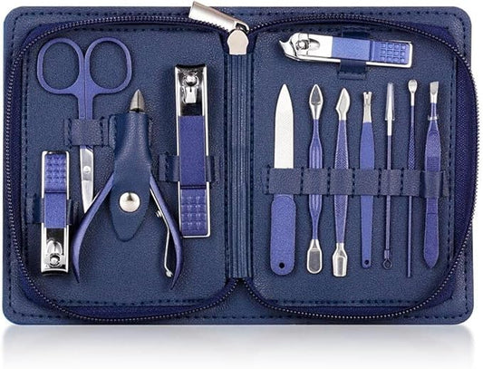 Multifunction Nail Clipper Set Pedicure Cutter Nail File Scissors Kit with Travel Case Stainless Steel Blue Manicure Set Tools (Color : 12pcs-Blue)