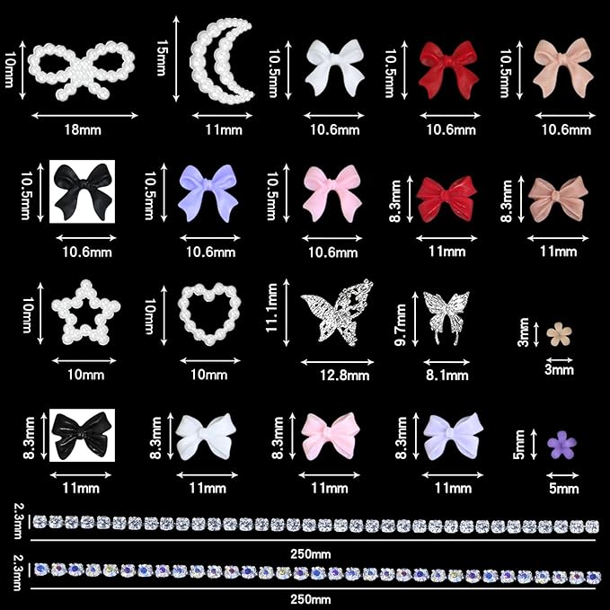 HNUIX Bow Nail Charms - 3D Multiple Colors, Butterfly, Flower, Pearls, Flat Back Rhinestones, with Kit, for Nail Art