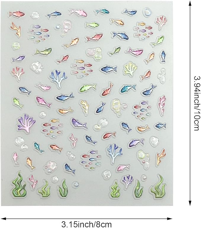 Summer Ocean Theme Nail Art Stickers, 5D Self-Adhesive Fish and Coral Decals, 2 Sheets, Embossed Designs for Beach Vacation Nail Decoration