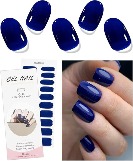 JMEOWIO Semi Cured Gel Nail Strips Royal Blue Gel Nail Stickers Nails Art Design Decoration Accessories