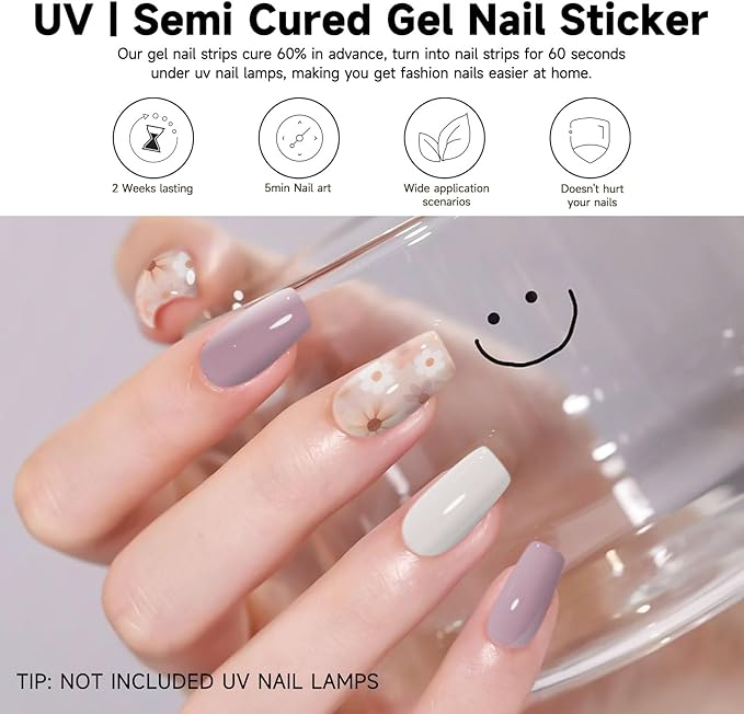 28pcs Semi Cured Gel Nail Strips, Long Lasting UV Gel Nail Stickers for Women Kit, Nails Wraps for Home DIY (Purple Flower)