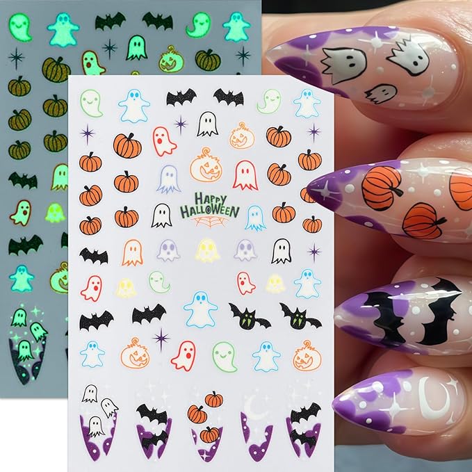 8Sheets Halloween Glow in The Dark Ghost Nail Stickers 3D Self-Adhesive Luminous Ghost Nail Art Decals Spider Web Pumpkin French Nails Design Bats Star Moon Nail Supplies Nail Decorations for Women