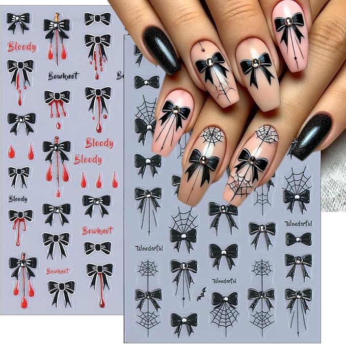 4 Sheets Halloween Nail Art Stickers Black Bow Spider Web Y2K Nail Decals 3D Self-Adhesive Bloody Drop Bowknot Nails Stickers Gothic Halloween Nails Decorations for Women Holiday DIY Manicure Supplies