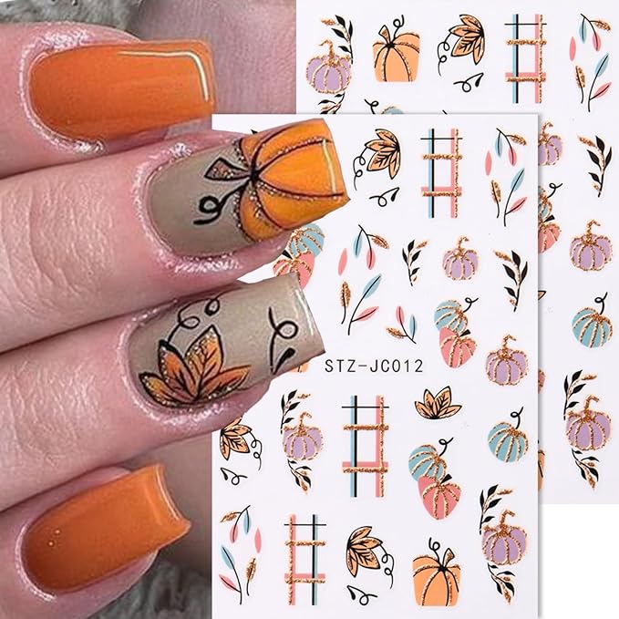 6Pcs Fall Nail Stickers for Nails Art Cute Pumpkin Nail Decals Maple Leaf Nail Art Stickers 3D Self-Adhesive Autumn Leaf Nails Supplies Thanksgiving Manicure Sliders for Women Nails Art Decorations