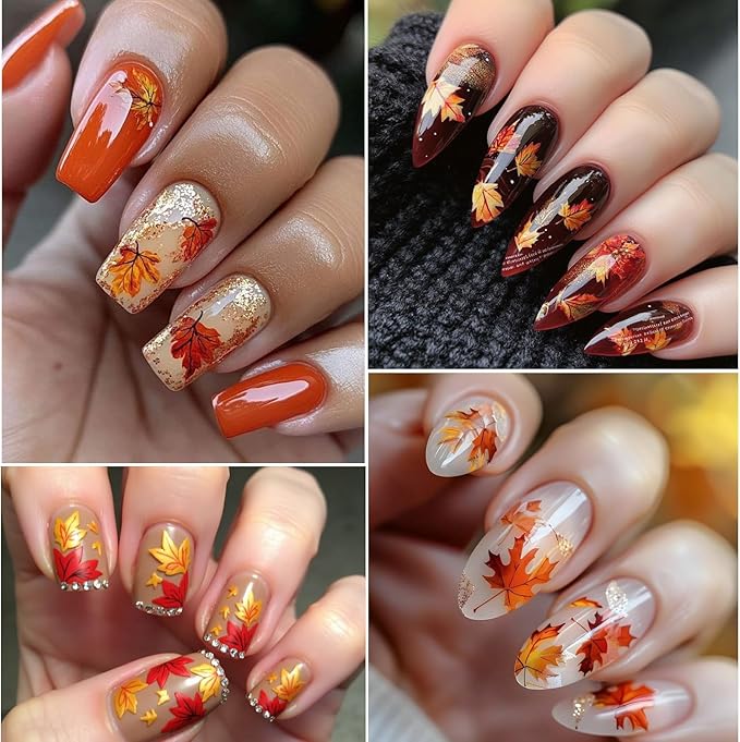 Fall Maple Leaves Nail Stickers for Nail Art Thanksgiving Autumn and Winter Maple Leaf Gradient Maple Leaf Nail Art Designs 3D Self-Adhesive Decals for Women Nail Decoration Supplies 2 Sheets