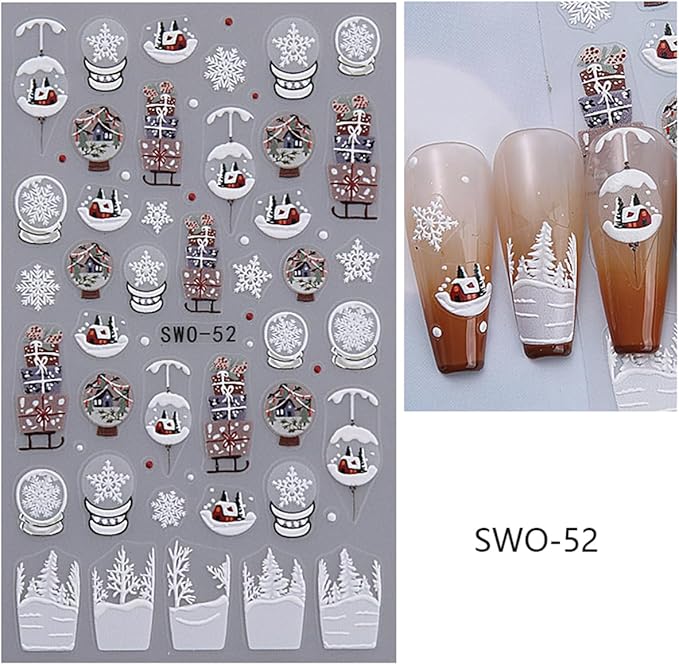 5D Embossed Christmas Nail Stickers for Nail Art - Snowflake Nail Art Stickers Xmas Tree Light Ball Gift Nail Decals Elk Deer Nail Supplies for Women DIY Christmas Decorations 4 Sheets