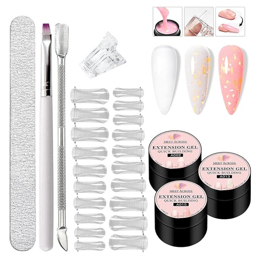 MEET ACROSS Poly Nail Gel 8Pcs Nail Extension Gel Set and Nail Extension Starter Kit for Beginners Nail Art DIY Home Gifts for Women (White + Gold Foil, 8pcs)