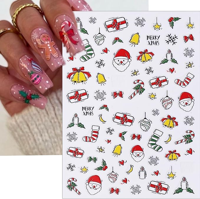 6Pcs Christmas Nail Stickers 3D Self Adhesive Xmas Tree Nails Decals Santa Claus Snowman Socks Snowflake Nails Design Sticker Winter Christmas Nail Art Stickers for Women Holiday Manicure Decor