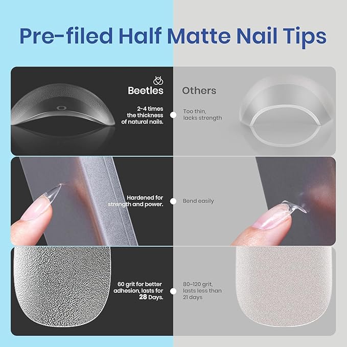 Beetles Gel Nail Kit Etch-X, Almond Medium, 500pcs 12 Sizes, with 9 in 1 Glue Mini Nail Lamp, Fall Nails, Pre-Etched Half Matte Easy Extension Set for Home DIY Salon Manicure Art
