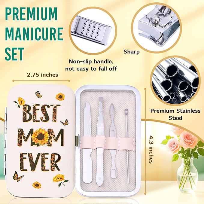 Best Mom Ever Gifts - Manicure Set 7-Piece Stainless Steel Nail Clipper Kit for Women - Sunflower Leopard Design Travel Nail Care Gift for Mom, Wife, Grandma - Mother’s Day Appreciation Gift
