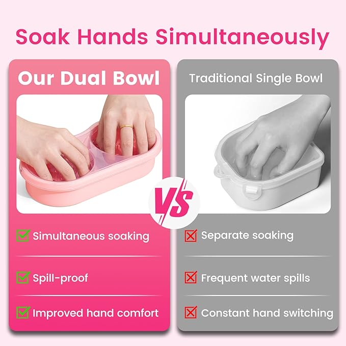 Dual Nail Soaking Bowl, Soak Off Gel Polish Remover Bowl for Home Users, Time Saver Manicure Bowl for Dip Powder/Gel/Acrylic Removal at Home & Salon, Pink
