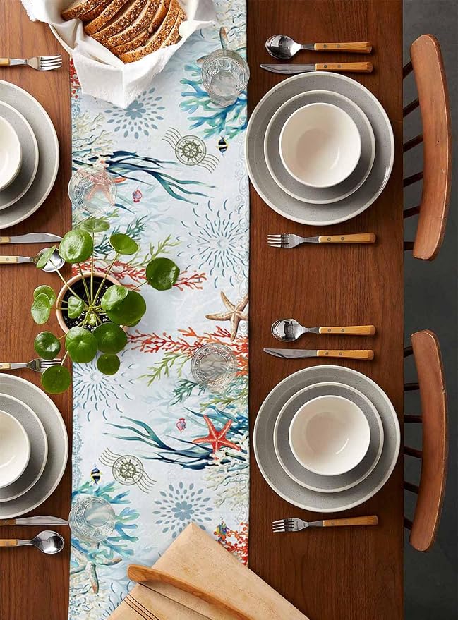 Sea Turtle Coastal Table Runners 72 Inches Long, Summer Beach Coral Table - Image 5