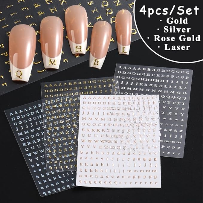 Letters Nail Art Stickers English Alphabet Nail Decals, 4 Sheets 3D Self-Adhesive Metallic Gold Silver Laser Rose Gold Alphabet Design Nail Art Supplies Manicure Decoration for Women Girls