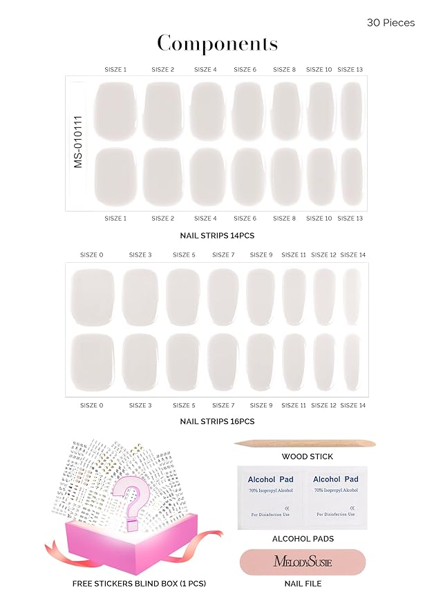 MelodySusie 30PCS Semi Cured Gel Nail Strips, Gray, Salon Quality, Long Lasting, Easy to Apply and Remove, Includes 2 Prep Pads, Nail File and Wooden Stick