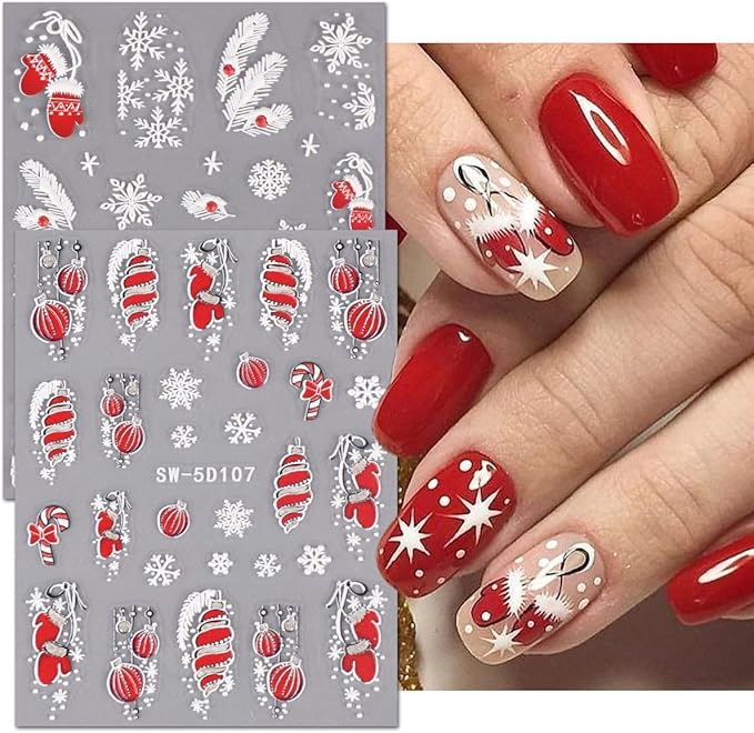 5D Embossed Christmas Nail Stickers for Nail Art - Lantern Nail Art Stickers Xmas Glove Snowflakes Nail Decals Cartoon Feather Nail Supplies for Women DIY Manicure Decorations 2 Sheets