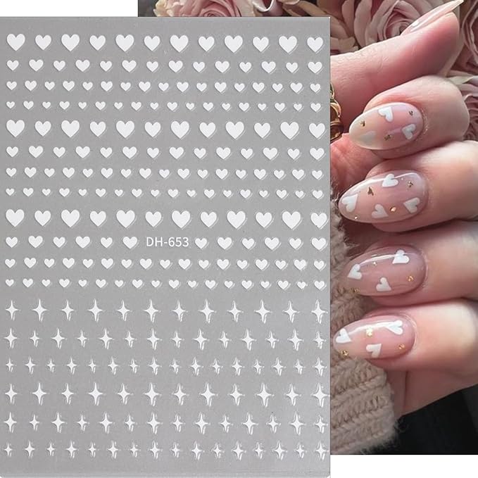 6Sheets Heart Nail Art Stickers, Hearts Stars Nail Decals for Women Valentines Nail Art Supplies 3D Black White Gold Silver Blue Red Heart Stickers for Nails Design Sticker DIY Manicure Decoration