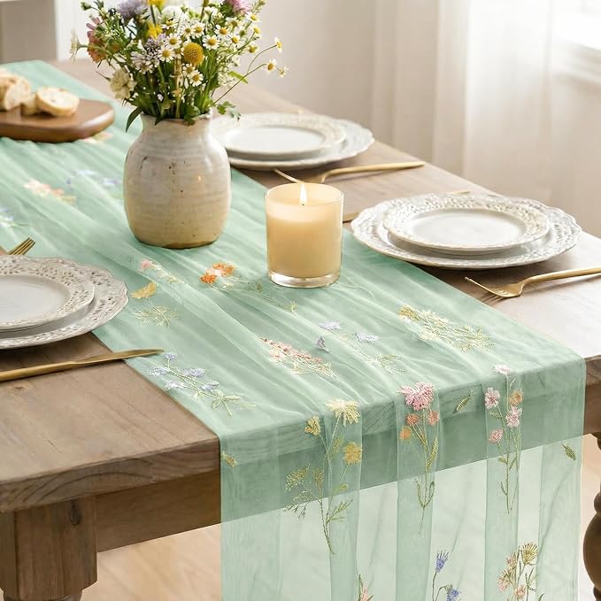 Artoid Mode 3PC Wildflower Floral Sage Green Gauze Embroidery Table Runner 120 - Image 4