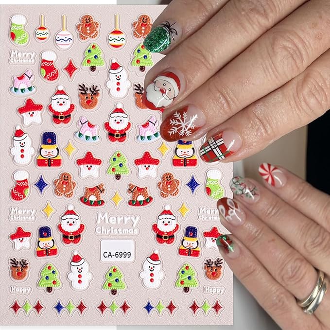 4 Sheets Christmas Nail Stickers for Nail Art, Cute Santa Claus Xmas Tree Christmas Nail Art Stickers 5D Embossed Snowmen Snowflake Design Winter Nail Decals for Women Holiday Manicure Decoration