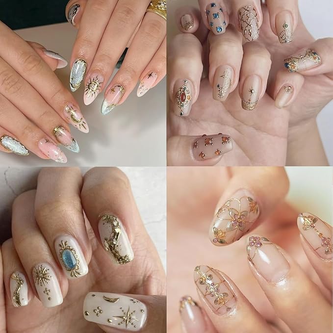 2 Sheets Embossed Sun Star Nail Stickers Bohemian Style Gold Nail Decals Sun Moon Nails Art Stickers Bohemia Luxury Gem Metallic Nail Design Stars Sticker for Manicure Decoration Supplies Tips