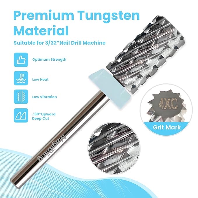 Super Cut Large Barrel Nail Drill Bits for Professional Users, 3/32'' Tungsten Carbide Bits, Upward Deep Cut, Remove Hard Gel Fast, Right Hand Use, Manicure Cuticle Gel Polishing, Quadruple Coarse.