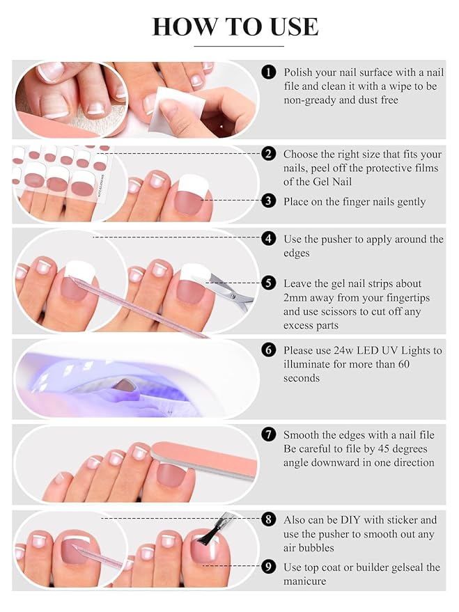 EBANKU 52Pcs Semi-Cured Gel Strips for Toes, Real Polish Sticker, Long-Lasting French Manicure Stickers, Salon Nails at Home, Requires UV Light With Nail File & Stick