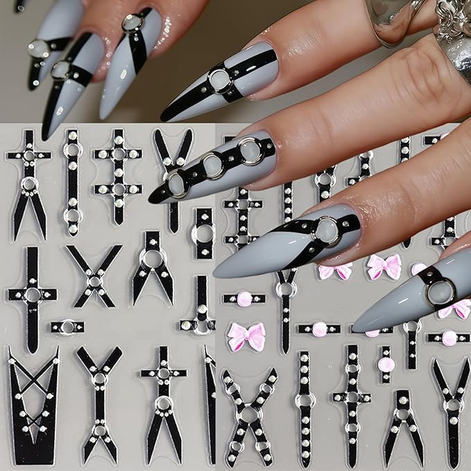 2 Sheets Black Punk Belt Nail Stickers Decals Y2K Relief Punk Nail Art Stickers 5D Embossed Leather Belt Nail Decals Black Silver Goth Belts Pink Bow Nails Design Nail Supplies for Women Manicure
