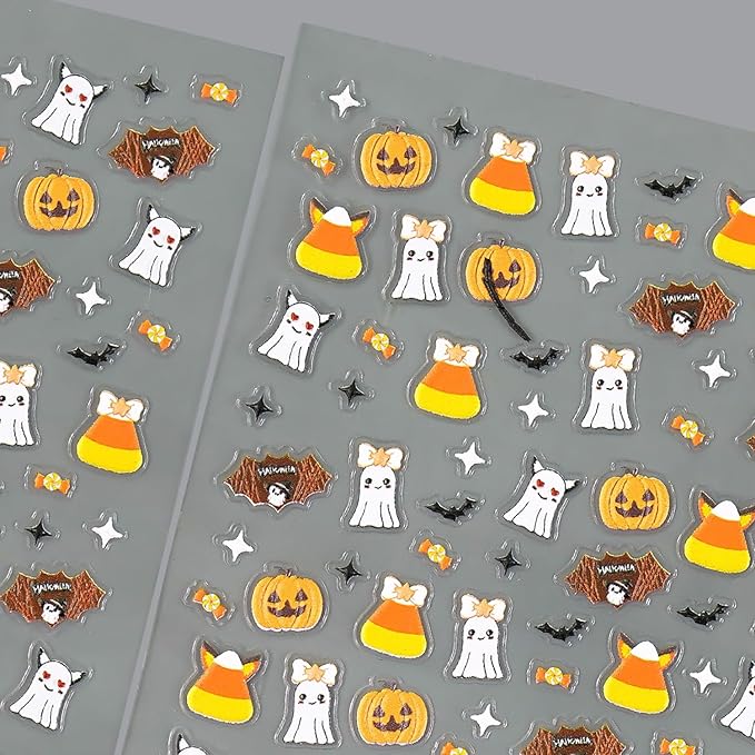 1 Sheets Halloween Nail Decals for Nail Art Cute Embossed Ghost Nail Stickers 5D Self-Adhesive Star Bat Candy Pumpkin Nail Art Stickers Scary Halloween Nail Decoration for Women DIY Nails Designs