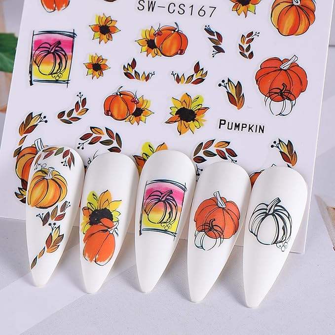 Fall Nail Stickers Decals 12 Sheets Autumn Leaves Nail Art Decals Pumpkins Drinking Maple Leaves Flower Nails Design 3D Self-Adhesive Holiday Thanksgiving Sliders Manicure Nail Decoration