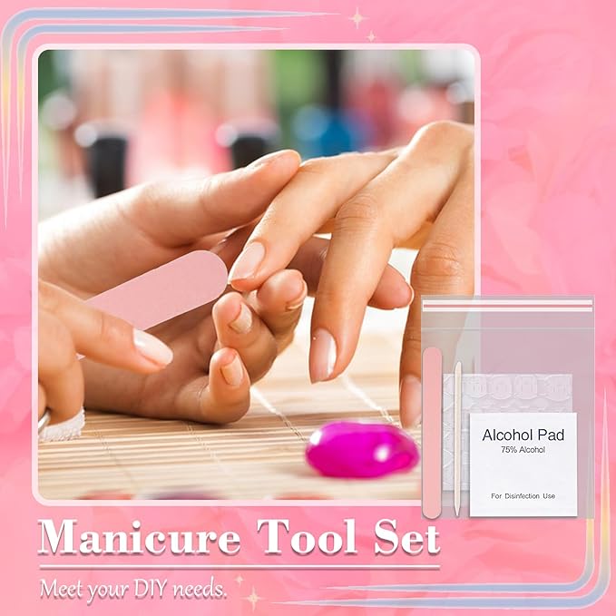 50 Set Disposable Press on Nail Tool Kit, Including 50pcs Nail File, 50pcs Adhesive Nail Tabs, 50pcs Prep Pad, 50pcs Wood Stick, 50pcs OPP Bag, Manicure Nail Prep Kit for Salon Home (50pcs-B-Pink)