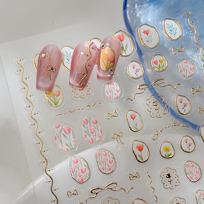 5D Embossed Flower Nail Sticker Tulip Irregular Geometric Frames Nail Designs Self Adhesive Nail Decals Gold Hollow Nail Art for Women Girls Manicure Supplies Nails Art Decorations