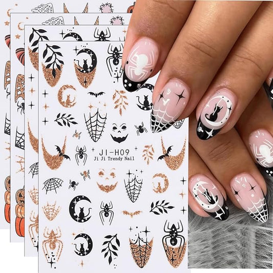 Halloween Nail Stickers Ghost Pumpkin Nail Decals DIY Self Adhesive Spider Web Gold Orange Nail Design 3D Nail Decoration Supplies Holiday Manicure Accessories for Women Girls 4Pcs