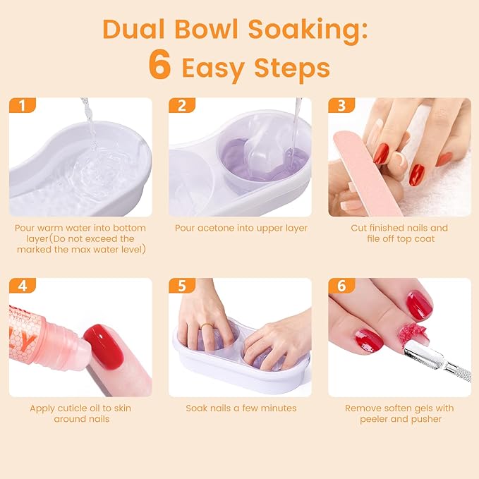 Dual Nail Soaking Bowl, Soak Off Gel Polish Remover Bowl for Home Users, Time Saver Manicure Bowl for Dip Powder/Gel/Acrylic Removal at Home & Salon, White